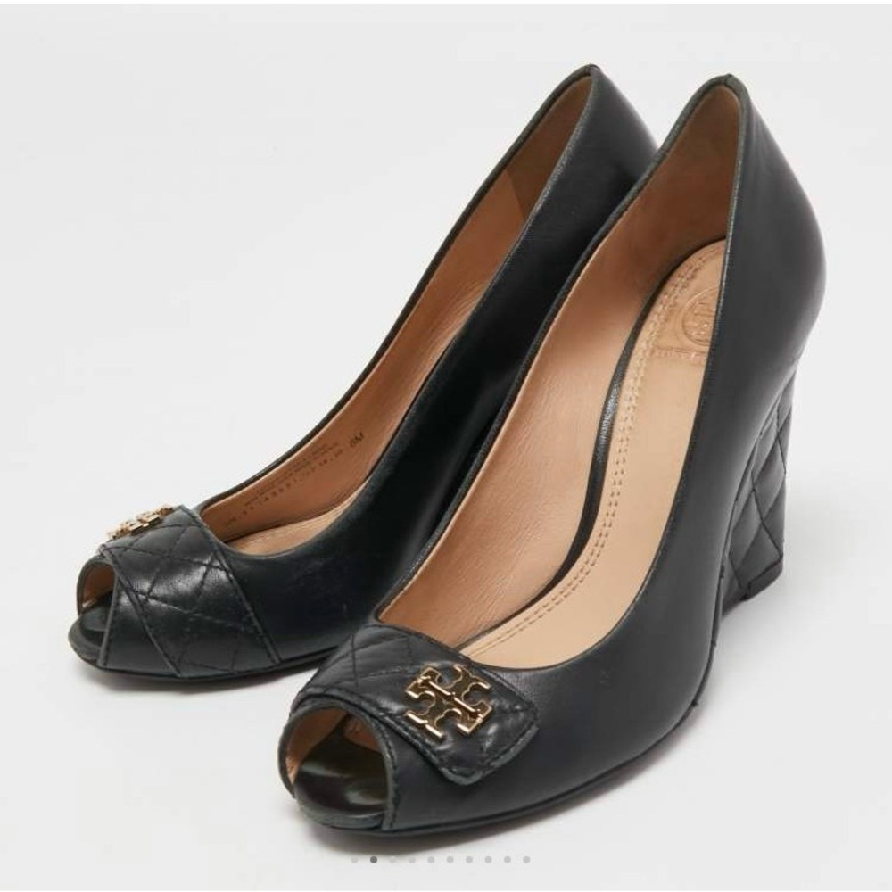 Tory Burch black leather peep toe wedge pumps size 7.5